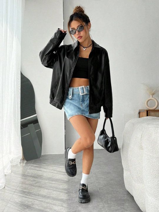 EZwear Casual And Stylish Zippered Off-Shoulder PU Leather Jacket