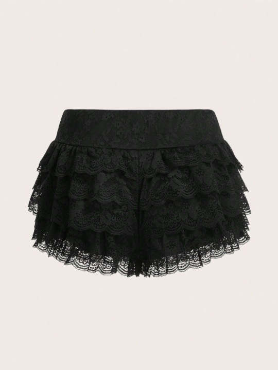 ICON Y2k Black Contrast Lace Ruffle Trim Shorts