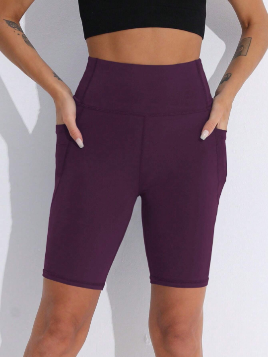 Yoga Basic Wide Waistband Phone Pocket Side Biker Shorts