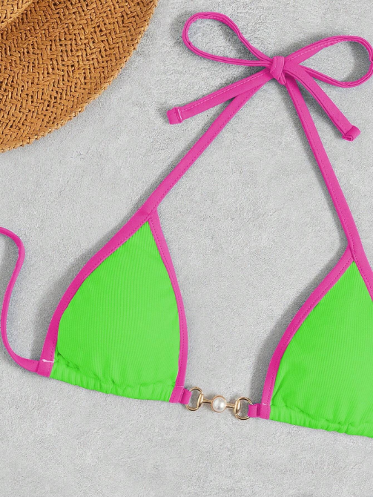 Contrast Binding Halter Triangle Bikini Swimsuit