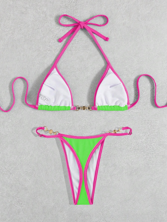 Contrast Binding Halter Triangle Bikini Swimsuit