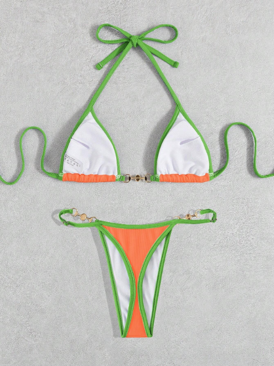 Contrast Binding Halter Triangle Bikini Swimsuit