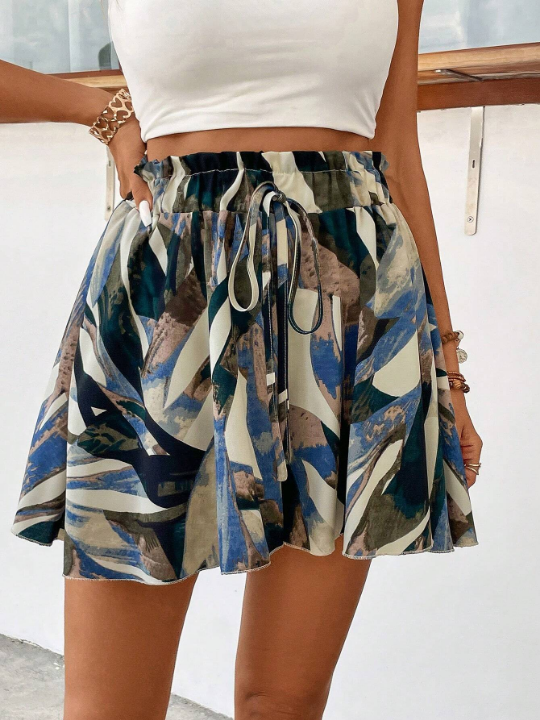 VCAY Allover Print Paperbag Waist Knot Front Shorts