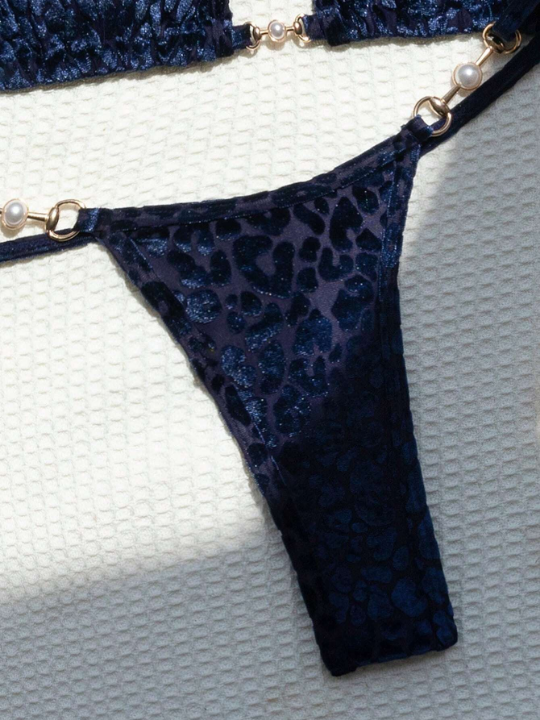 Leopard Jacquard Chain Linked Halter Triangle Bikini Swimsuit