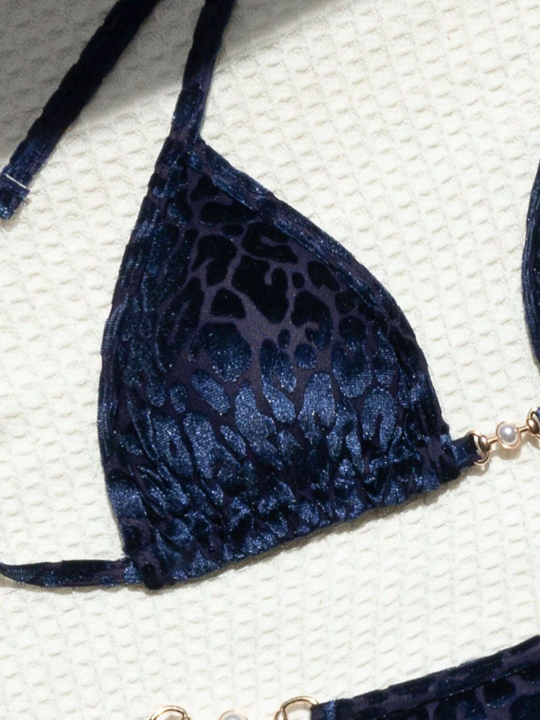 Leopard Jacquard Chain Linked Halter Triangle Bikini Swimsuit