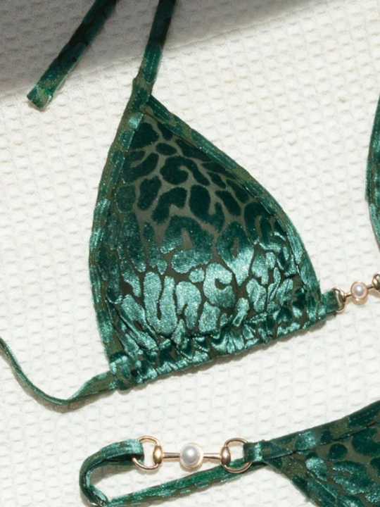 Leopard Jacquard Chain Linked Halter Triangle Bikini Swimsuit