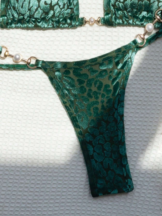 Leopard Jacquard Chain Linked Halter Triangle Bikini Swimsuit