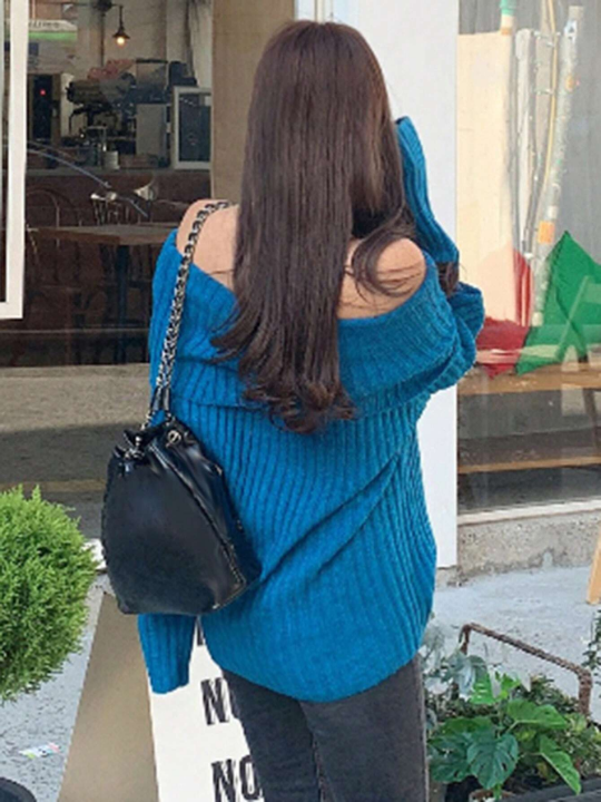 DAZY Foldover Off Shoulder Ribbed Knit Sweater