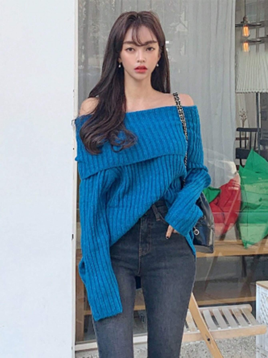 DAZY Foldover Off Shoulder Ribbed Knit Sweater