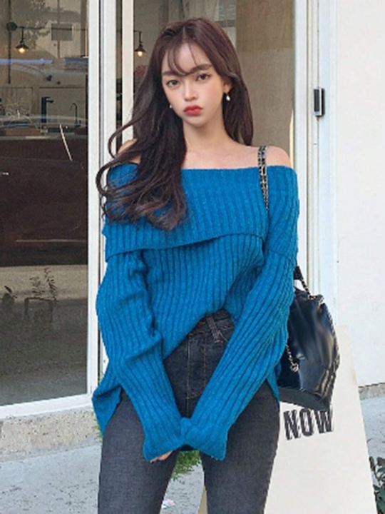 DAZY Foldover Off Shoulder Ribbed Knit Sweater