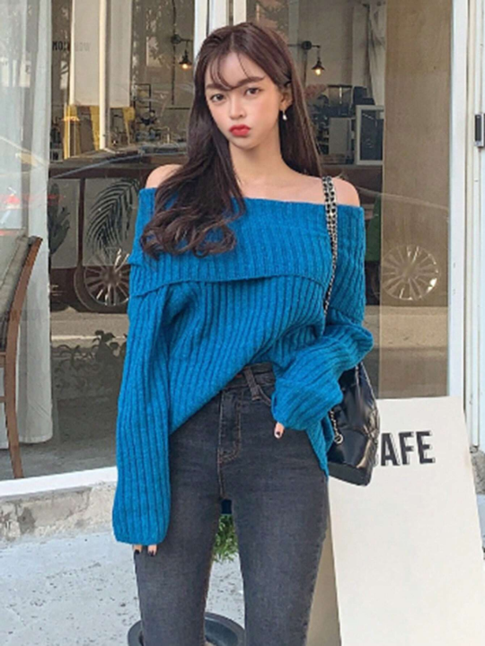 DAZY Foldover Off Shoulder Ribbed Knit Sweater