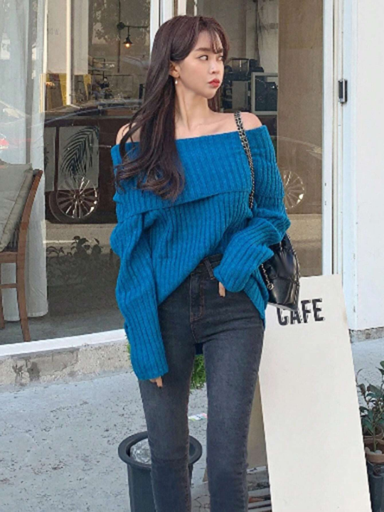 DAZY Foldover Off Shoulder Ribbed Knit Sweater