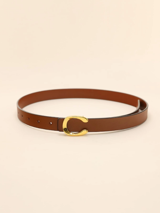 1pc Women's Brown Leather Belt With Gold Alloy Letter Detail Stud Buckle Casual