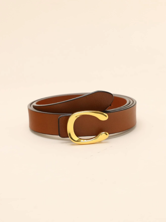 1pc Women's Brown Leather Belt With Gold Alloy Letter Detail Stud Buckle Casual