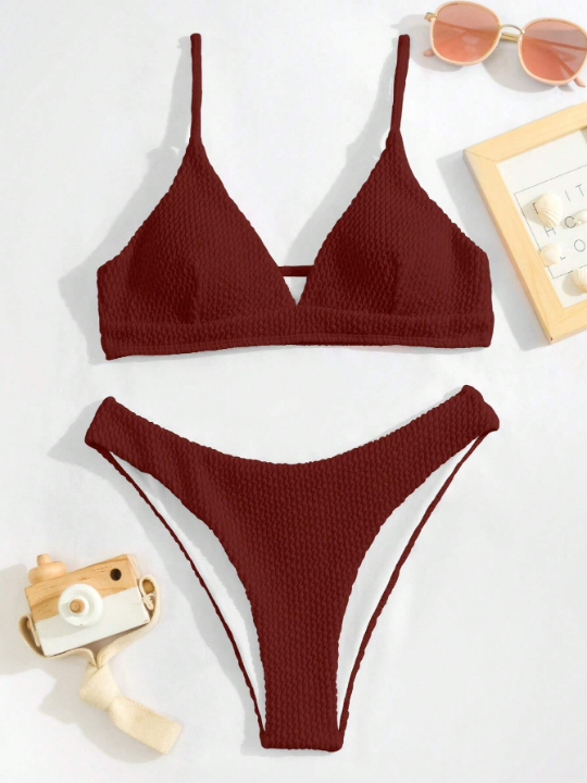 Swim Basics Solid Triangle High Cut Bikini Swimsuit