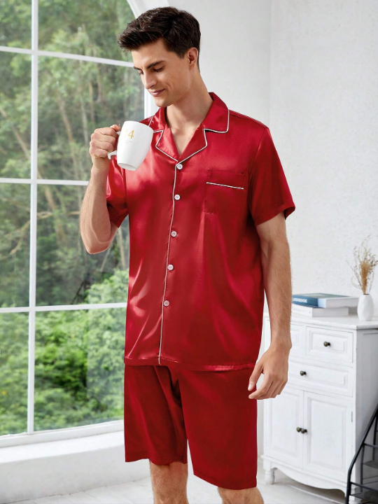 Men Contrast Piping PJ Set