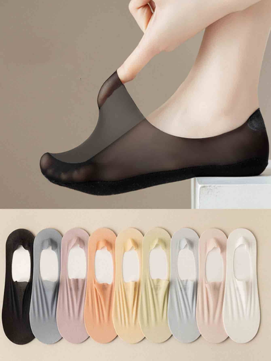 9 pairs of ultra-thin transparent women's ice silk boat socks spring and summer new silicone non-slip non-falling Japanese shallow mouth invisible socks with single shoes high heels socks