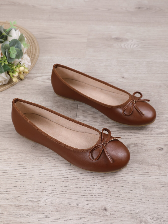 Ballet Flats Shoes, New Spring/Summer/Autumn Style, All-Match Low Cut Soft Comfy Light Flat Heels, Bowknot Decor Single Shoes, Fashionable Workwear/Outdoor Shoes, Brown