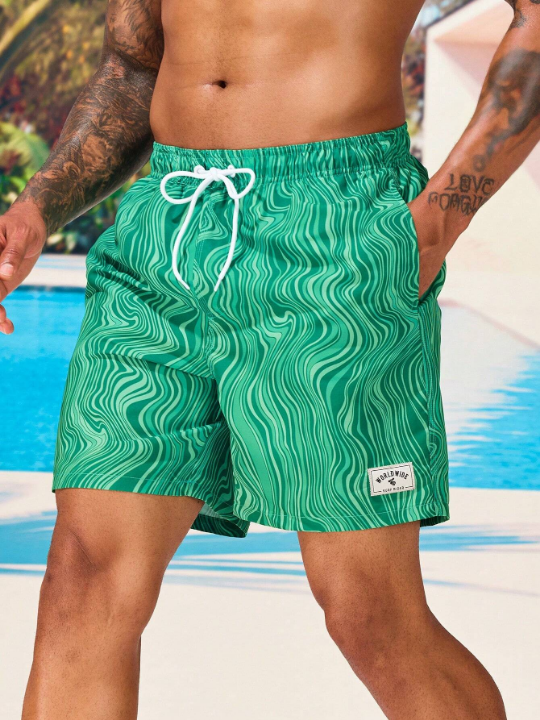 Manfinity Swimmode Men Allover Print Letter Patched Detail Drawstring Waist Swim Trunks