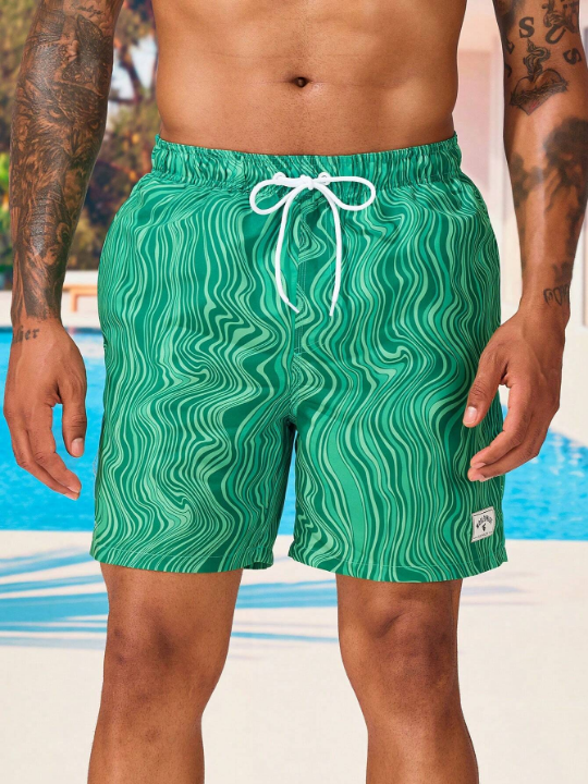 Manfinity Swimmode Men Allover Print Letter Patched Detail Drawstring Waist Swim Trunks