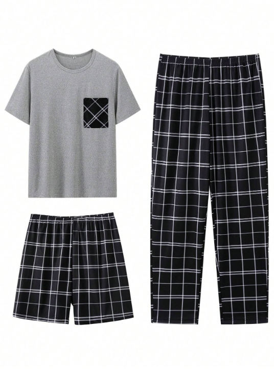Men Plaid Print Tee & Pants & Shorts PJ Set