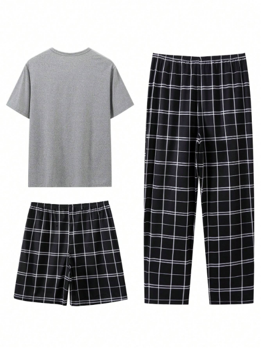 Men Plaid Print Tee & Pants & Shorts PJ Set