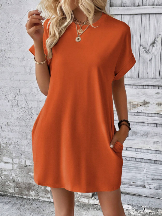 LUNE Solid Batwing Sleeve Hidden Pocket Tee Dress