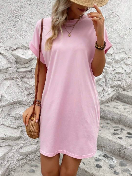 LUNE Solid Batwing Sleeve Tee Dress