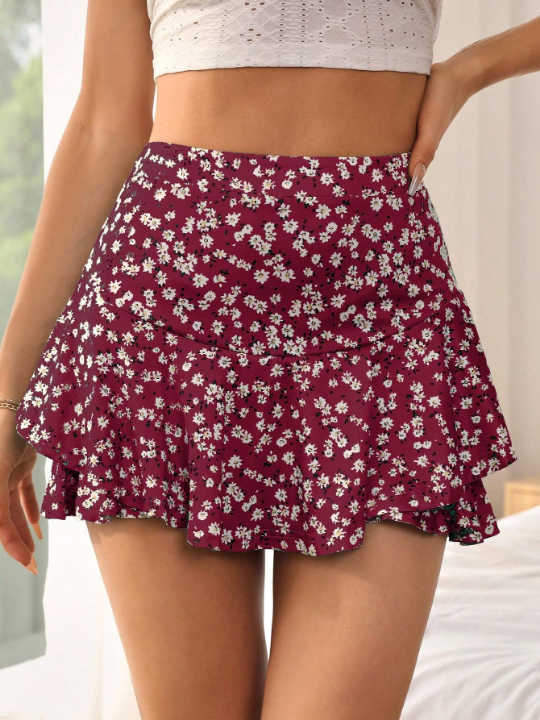 VCAY Ditsy Floral Print Ruffle Hem Skort