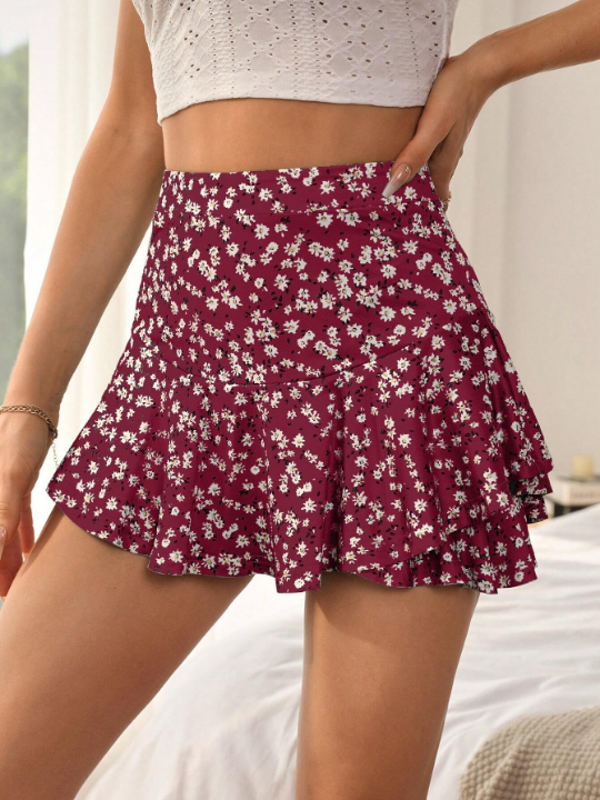 VCAY Ditsy Floral Print Ruffle Hem Skort