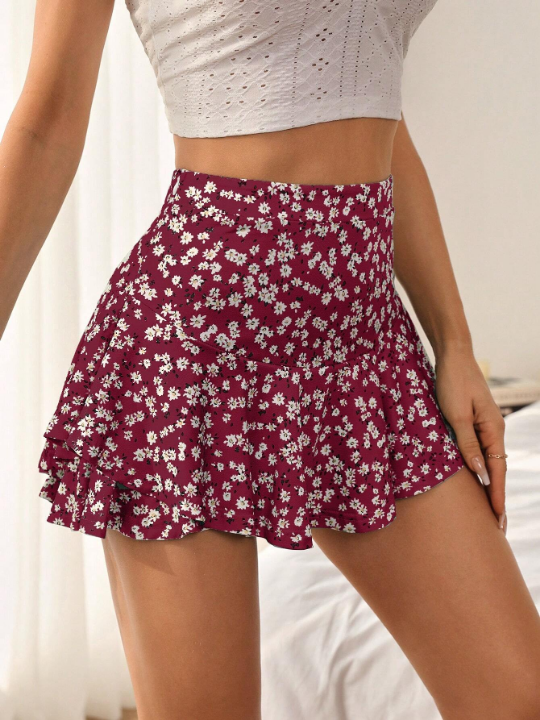 VCAY Ditsy Floral Print Ruffle Hem Skort