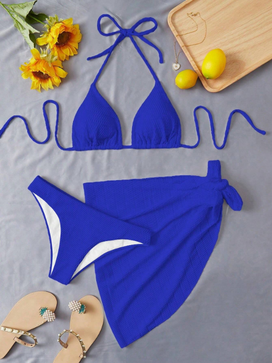 Plain Halter Triangle Bikini Swimsuit With Beach Skirt