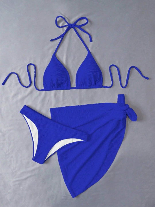 Plain Halter Triangle Bikini Swimsuit With Beach Skirt