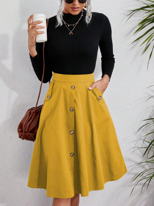 Solid Button Front Flare Skirt