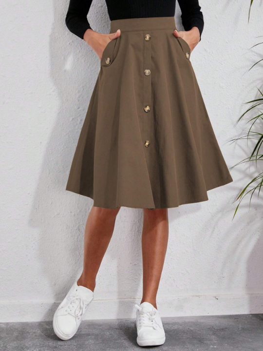 Solid Button Detail Flare Skirt