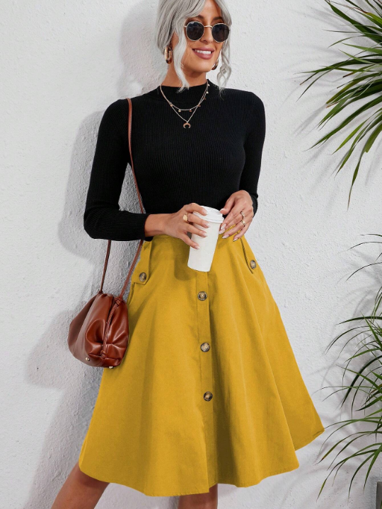 Solid Button Front Flare Skirt