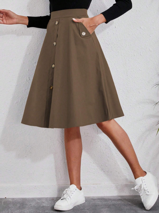 Solid Button Detail Flare Skirt