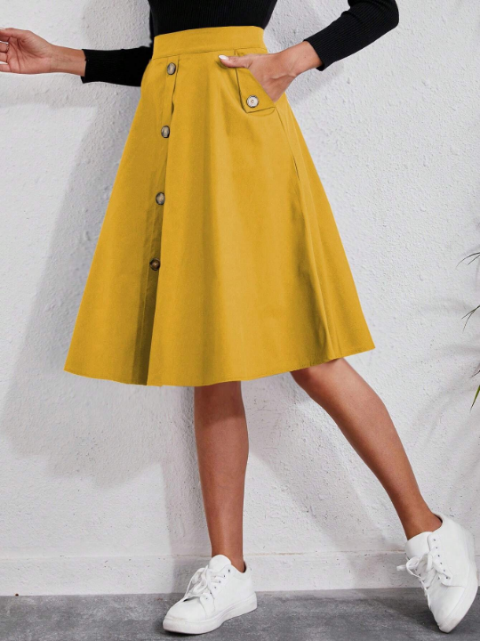 Solid Button Front Flare Skirt