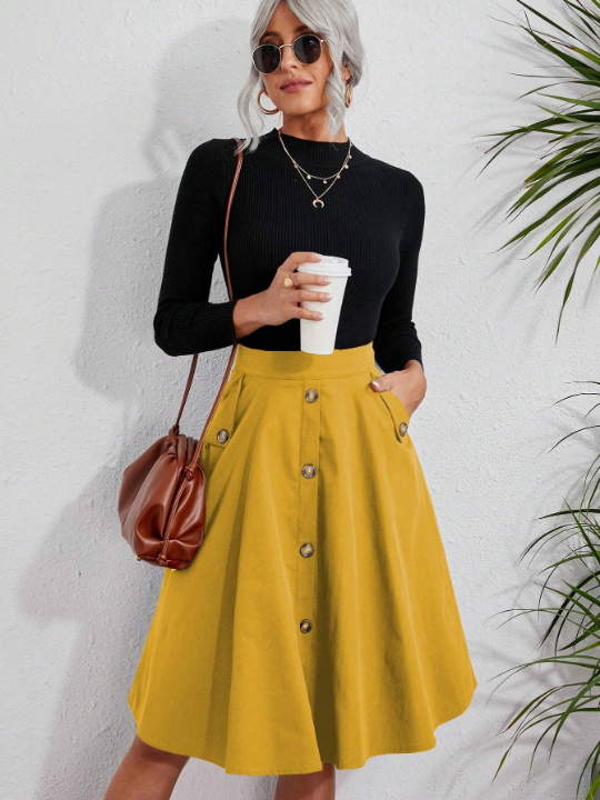 Solid Button Front Flare Skirt