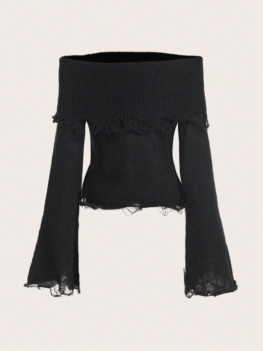 ROMWE Goth Off Shoulder Distressed Sweater