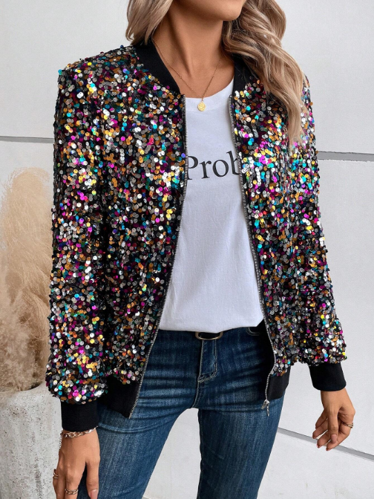 LUNE Zip Up Sequin Bomber Jacket