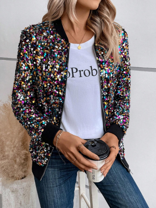 LUNE Zip Up Sequin Bomber Jacket