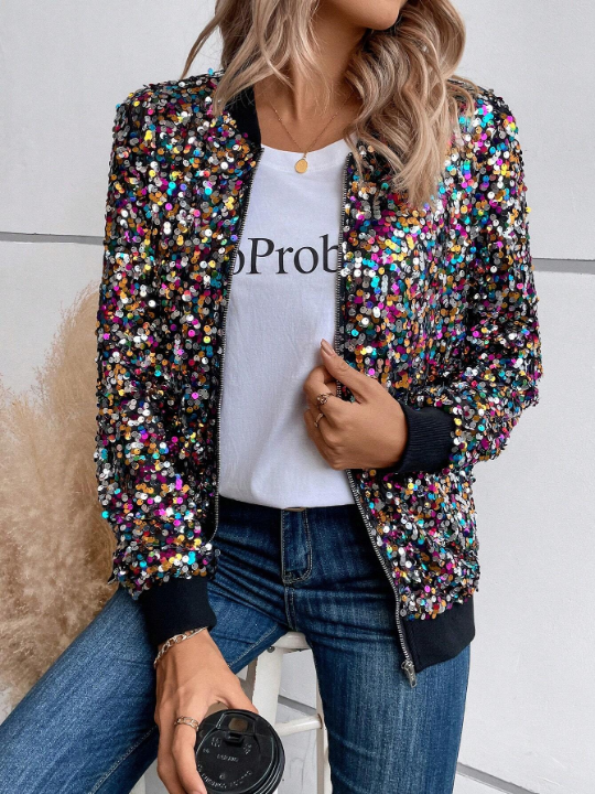 LUNE Zip Up Sequin Bomber Jacket