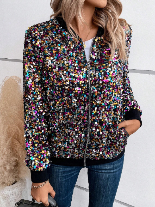 LUNE Zip Up Sequin Bomber Jacket