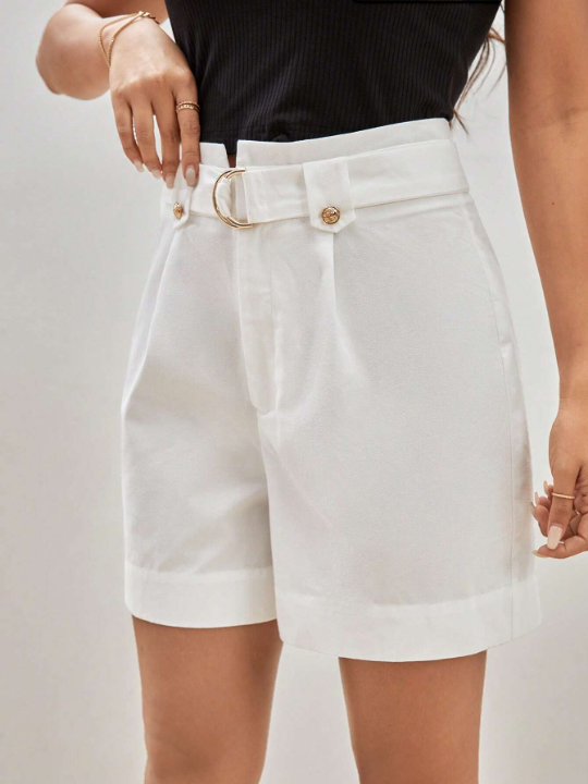 Frenchy Paperbag Waist Belted Roll Up Hem Solid Shorts