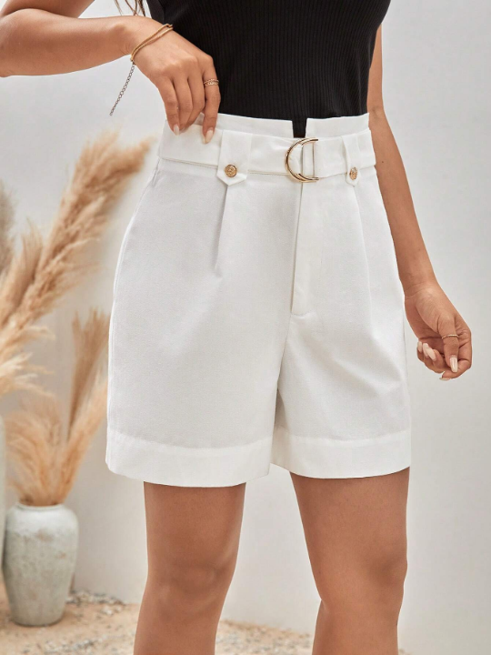 Frenchy Paperbag Waist Belted Roll Up Hem Solid Shorts