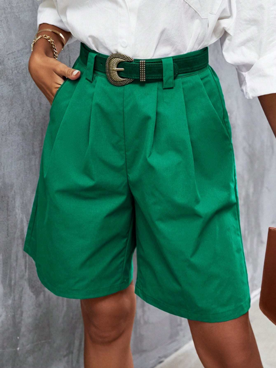 Frenchy Slant Pocket Fold Pleated Shorts Without Belt