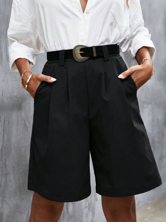 Frenchy Fold Pleated Slant Pocket Bermuda Shorts Without Belt