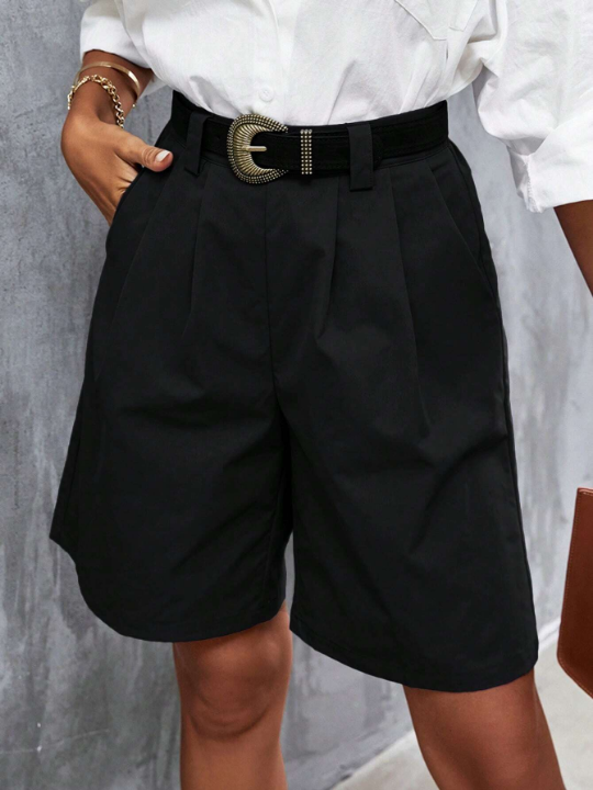 Frenchy Fold Pleated Slant Pocket Bermuda Shorts Without Belt