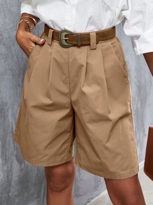 Frenchy Solid Slant Pocket Fold Pleated Detail Shorts Without Belt